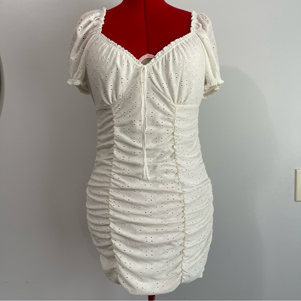 Women's White Eyelet Ruched Midi Dress